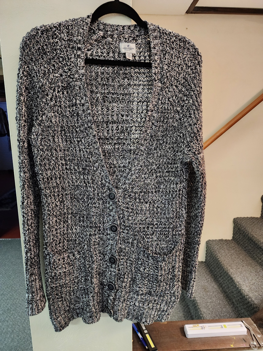 American Eagle Outfitters Black & White Marled Button-Front Cardigan Sz L Cotton